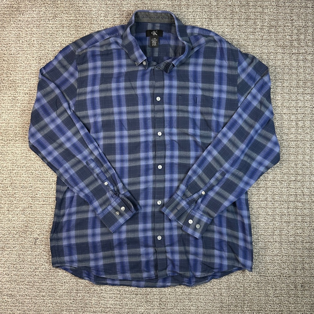 Calvin Klein Mens Blue Grey Plaid Button Down Shirt Large 100% Cotton L/G